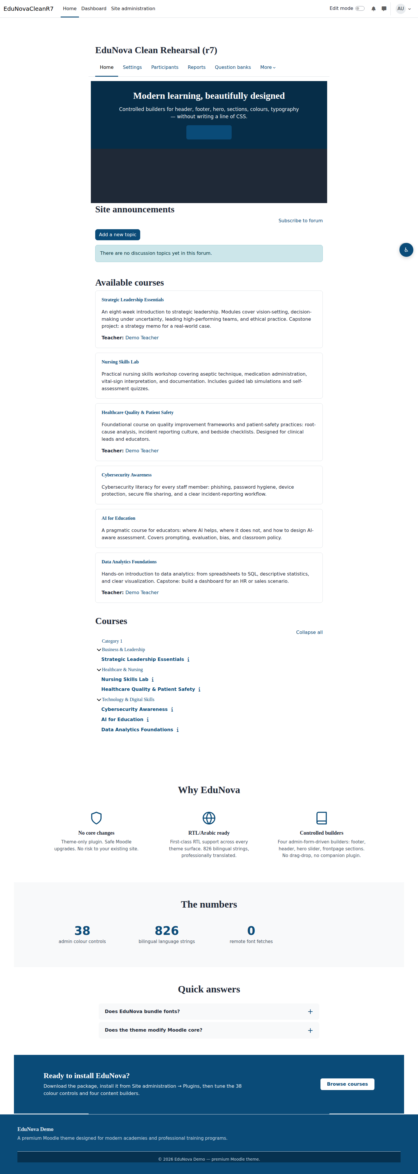 EduNova Classic preset — Moodle 5.x frontpage with header, hero slider, feature cards, and footer rendered in the default brand palette.