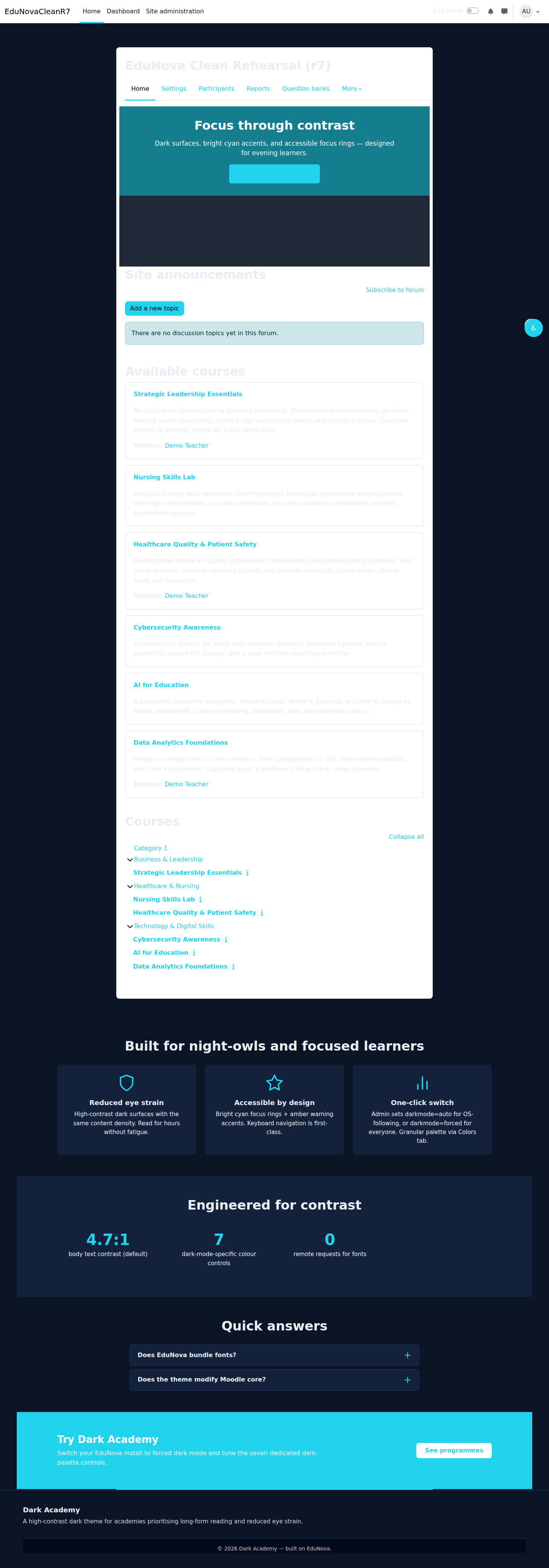 Modern Dark Academy preset — Moodle frontpage with dark mode tokens applied across header, hero, feature cards, and footer.