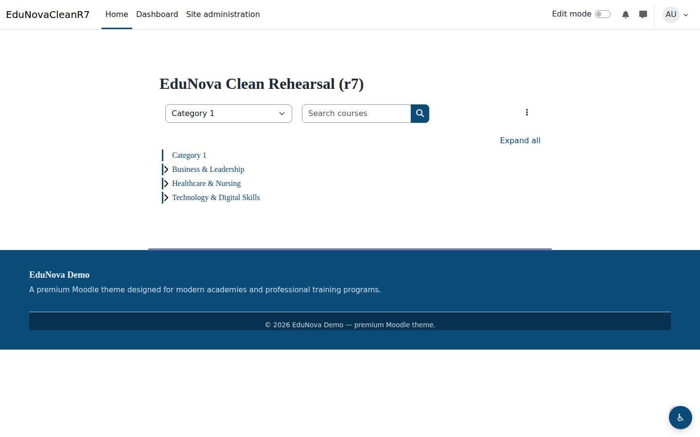 EduNova course catalog — grid layout with branded course cards, enrolment-status badges, and capability-gated teacher quick-links panel.