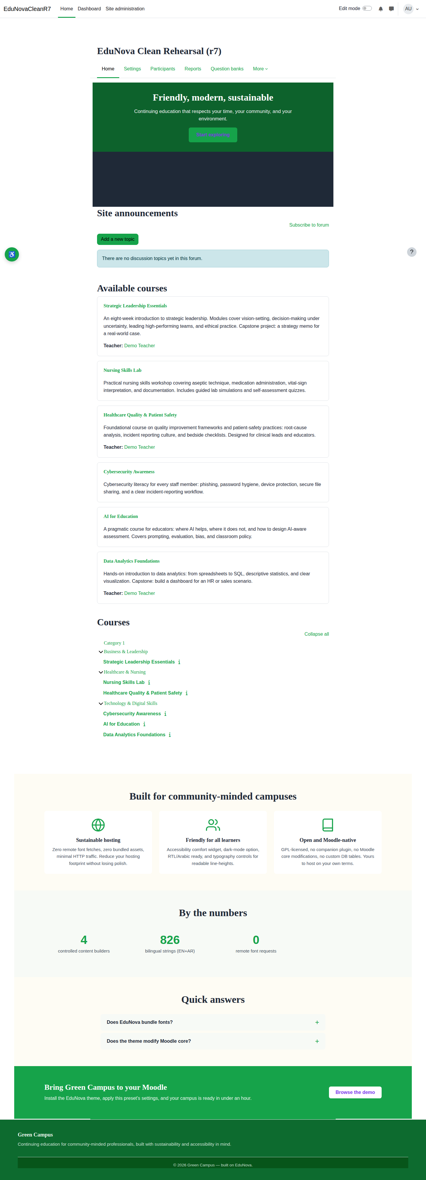 Green Campus preset — desktop frontpage.